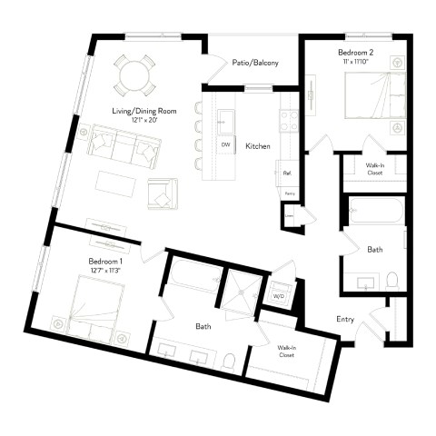 A black and white image of a house floor plan with two bedrooms, a living/dining room, a kitchen, a patio/balcony, and a walk-in closet.