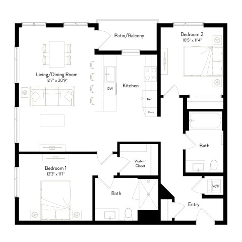 A black and white image of a house floor plan with two bedrooms, a living room, a kitchen, a bathroom, and a walk-in closet.