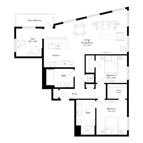 A black and white floor plan of a house with a living room, dining room, kitchen, and two bedrooms.