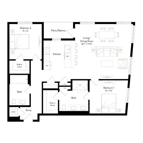 A black and white floor plan of a two bedroom apartment.