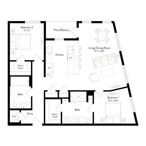 A floor plan of a house with two bedrooms, a living room, a kitchen, a bathroom, and an entry.