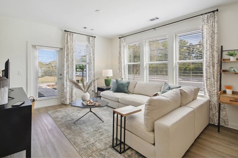 A living room with a white couch and a rug.