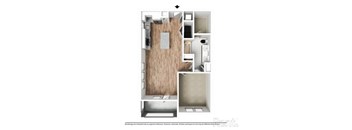 A floor plan of a small apartment with a bathroom and kitchen.