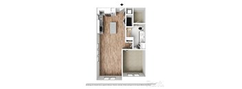 A floor plan of a small apartment with a kitchen, living room, and bathroom.