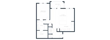 A black and white floor plan of a house with a bedroom, bathroom, closet, living room, and kitchen.