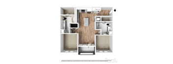 A modern apartment layout with a kitchen, living room, and bathroom.