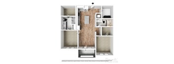A modern apartment layout with a central wooden panel and surrounding white spaces.
