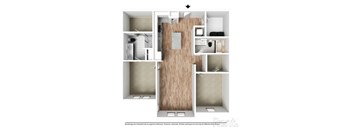 A modern apartment layout with a central wooden doorway.