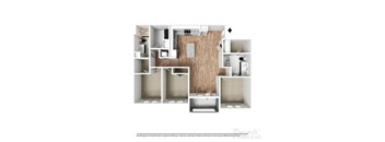 A floor plan of an apartment with a kitchen, living room, and two bedrooms.