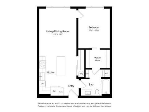 A floor plan of a small apartment with a living/dining room, kitchen, bathroom, and bedroom.