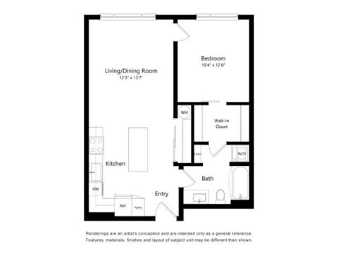 A floor plan of a small apartment with a living room, dining room, kitchen, bathroom, and bedroom.