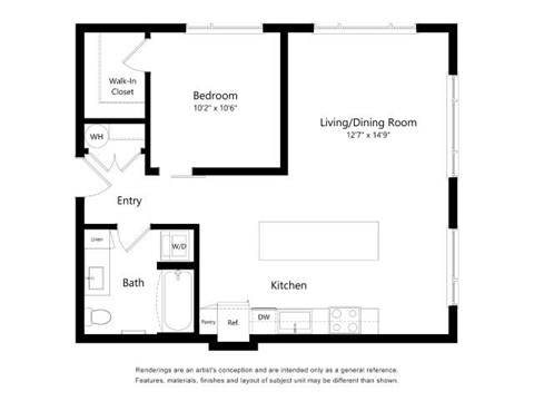 A floor plan of a small apartment with a bedroom, living/dining room, kitchen, bath, and entry.