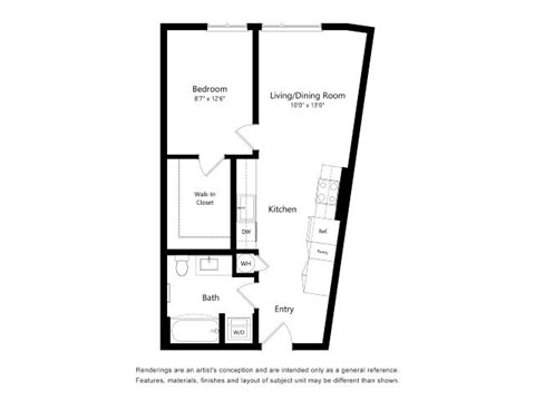 A black and white floor plan of a small apartment.