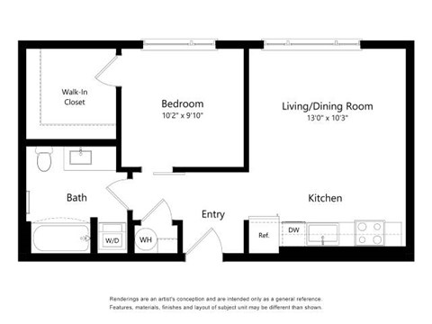 A black and white floor plan of a house with a bedroom, living/dining room, kitchen, bath, and walk-in closet.