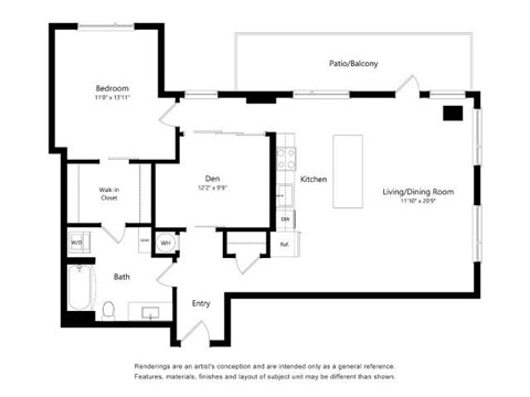 A black and white floor plan of a house with a living room, kitchen, den, bath, and bedroom.