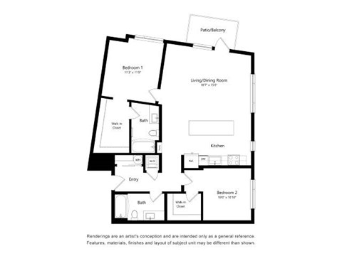 A floor plan of a house with two bedrooms, a living/dining room, a kitchen, and an entry.