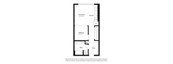 A floor plan of a small apartment with a living area, kitchen, sleeping area, bathroom, and entry.