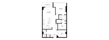 A floor plan of a house with a living room, kitchen, bathroom, and bedroom.