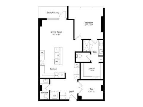A floor plan of a house with a living room, kitchen, bathroom, and bedroom.