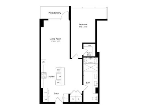 A floor plan of a small apartment with a living room, kitchen, bathroom, and two bedrooms.