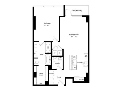 A floor plan of a house with a bedroom, living room, kitchen, bathroom, and entry.