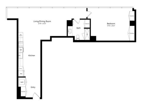 A floor plan of a small apartment with a living/dining room, kitchen, entry, and two bedrooms.