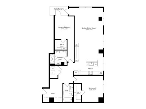 A floor plan of a house with a primary bedroom, bathroom, living room, dining room, kitchen, and two bathrooms.