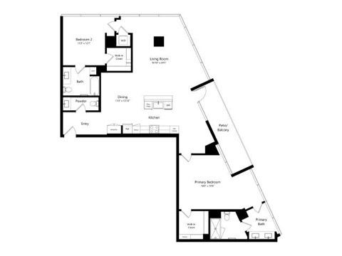 A floor plan of a house with a living room, dining room, kitchen, and two bathrooms.