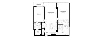 A floor plan of a home with a living room, two bedrooms, a powder room, a full bath, a kitchen, and a walk-in closet.