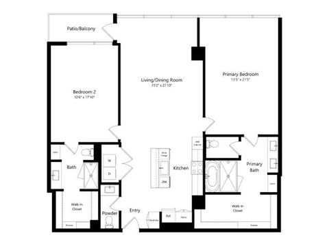 A floor plan of a home with a living room, two bedrooms, a powder room, a full bath, a kitchen, and a walk-in closet.