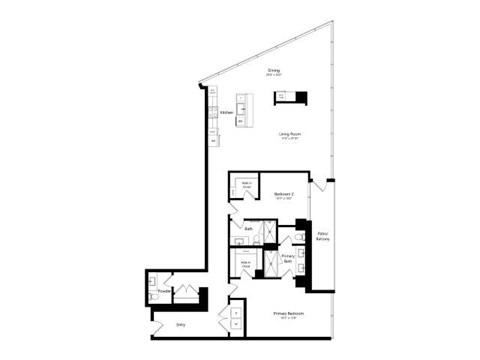 A floor plan of a house with a garage, living room, dining room, kitchen, and two bathrooms.