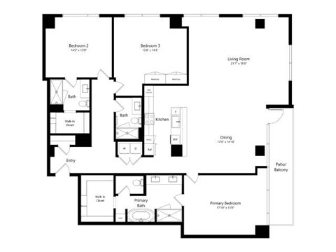 A black and white floor plan of a house with two bedrooms, a living room, a dining room, a kitchen, an entry, a bath, a walk-in closet, and a patio/balcony.