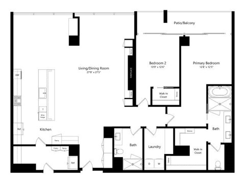 A black and white floor plan of a house with a living/dining room, kitchen, two bathrooms, and three bedrooms.