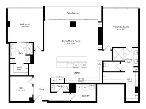 A black and white floor plan of a house with a living room, kitchen, two bathrooms, and two bedrooms.