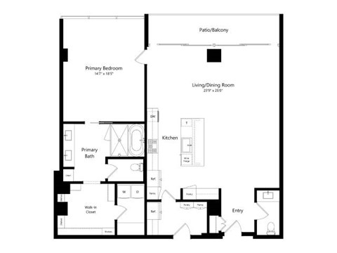 A black and white floor plan of a house with a living room, kitchen, bathroom, and primary bedroom.