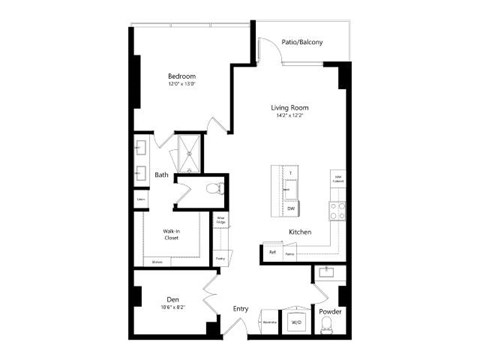 A floor plan of a house with a living room, kitchen, bathroom, and bedroom.