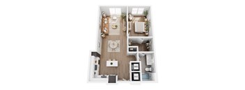 A top-down view of a well-organized apartment with a living room, kitchen, and bathroom.
