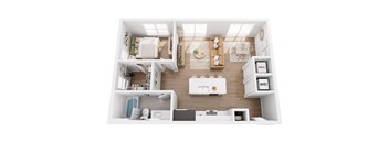 A top-down view of a modern kitchen and living room.