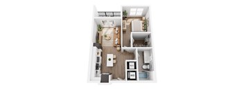 A top-down view of a small apartment with a kitchen, living room, and bathroom.