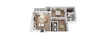 A 3D floor plan of a small apartment with a kitchen, living room, and bathroom.