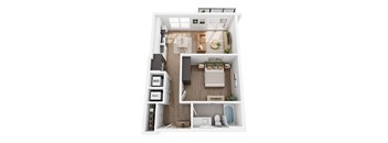 A top-down view of a small apartment with a kitchen, living room, and bathroom.