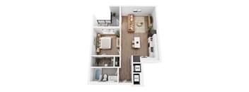 A top-down view of a small apartment with a kitchen, living room, and bathroom.