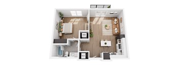 A top-down view of a small apartment with a kitchen, living room, and bathroom.
