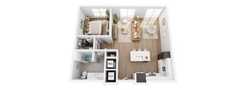A white and wood themed apartment with a kitchen, living room, and bathroom.