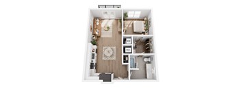 A top-down view of a small apartment with a living room, kitchen, and bathroom.