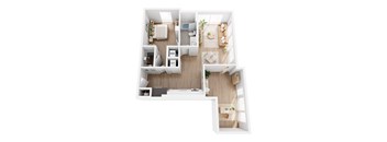 A white interior design of a house with a kitchen, living room, and bathroom.