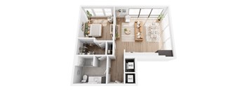 A top-down view of a small apartment with a kitchen, living room, and bathroom.