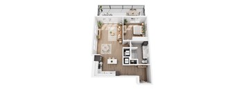 A top-down view of a modern apartment layout with a kitchen, living room, and bedroom.