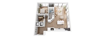 A top-down view of a small apartment with a kitchen, living room, and bathroom.