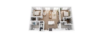A top-down view of a modern apartment layout.
